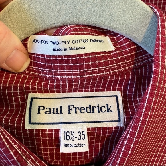 Paul Fredrick Button Down Shirt Red Plaid Check 16 1/2 - 35 Cotton Long Sleeve - Picture 2 of 5